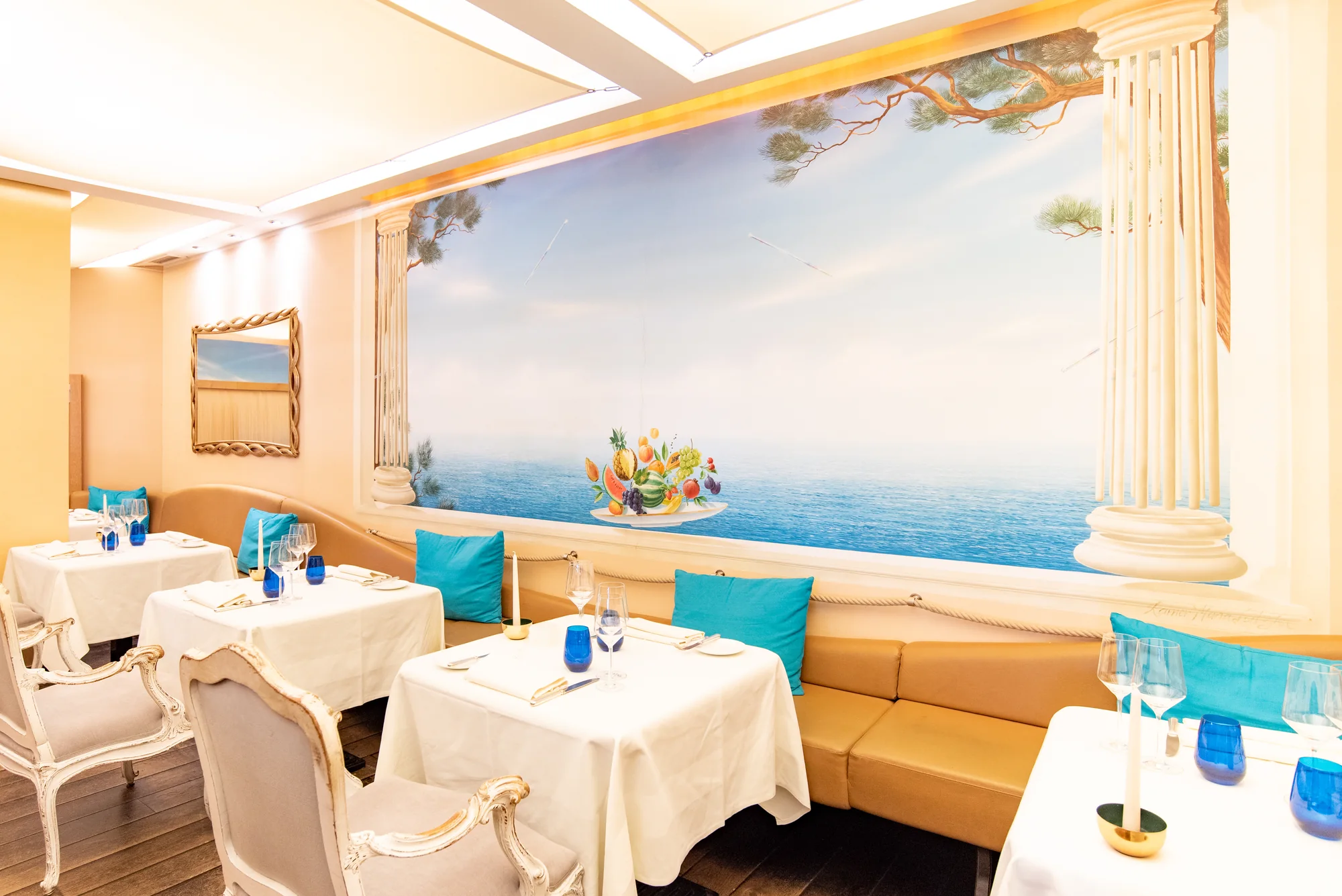 Tables in front of the dining room mural