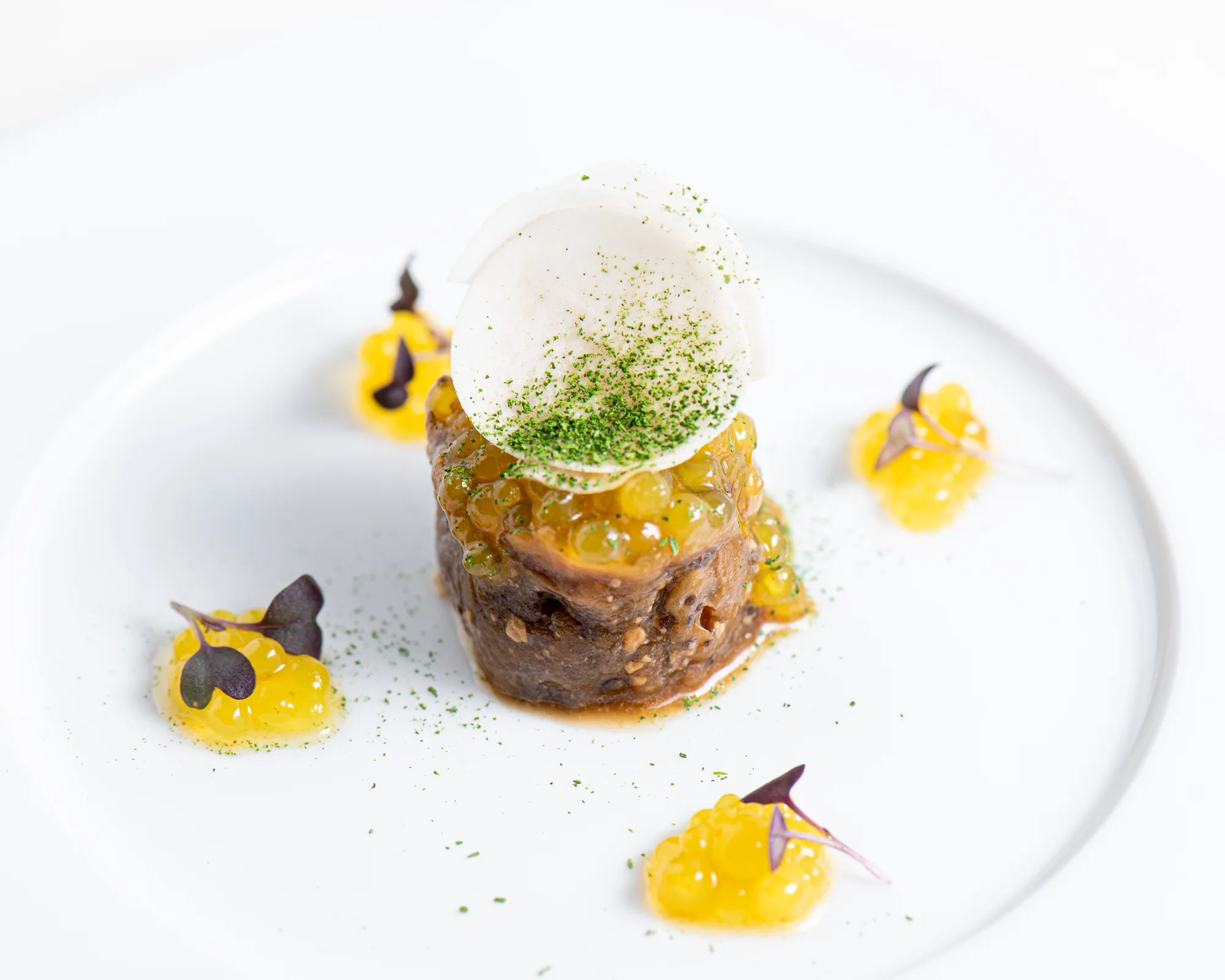 A small plated composition with yellow accents
