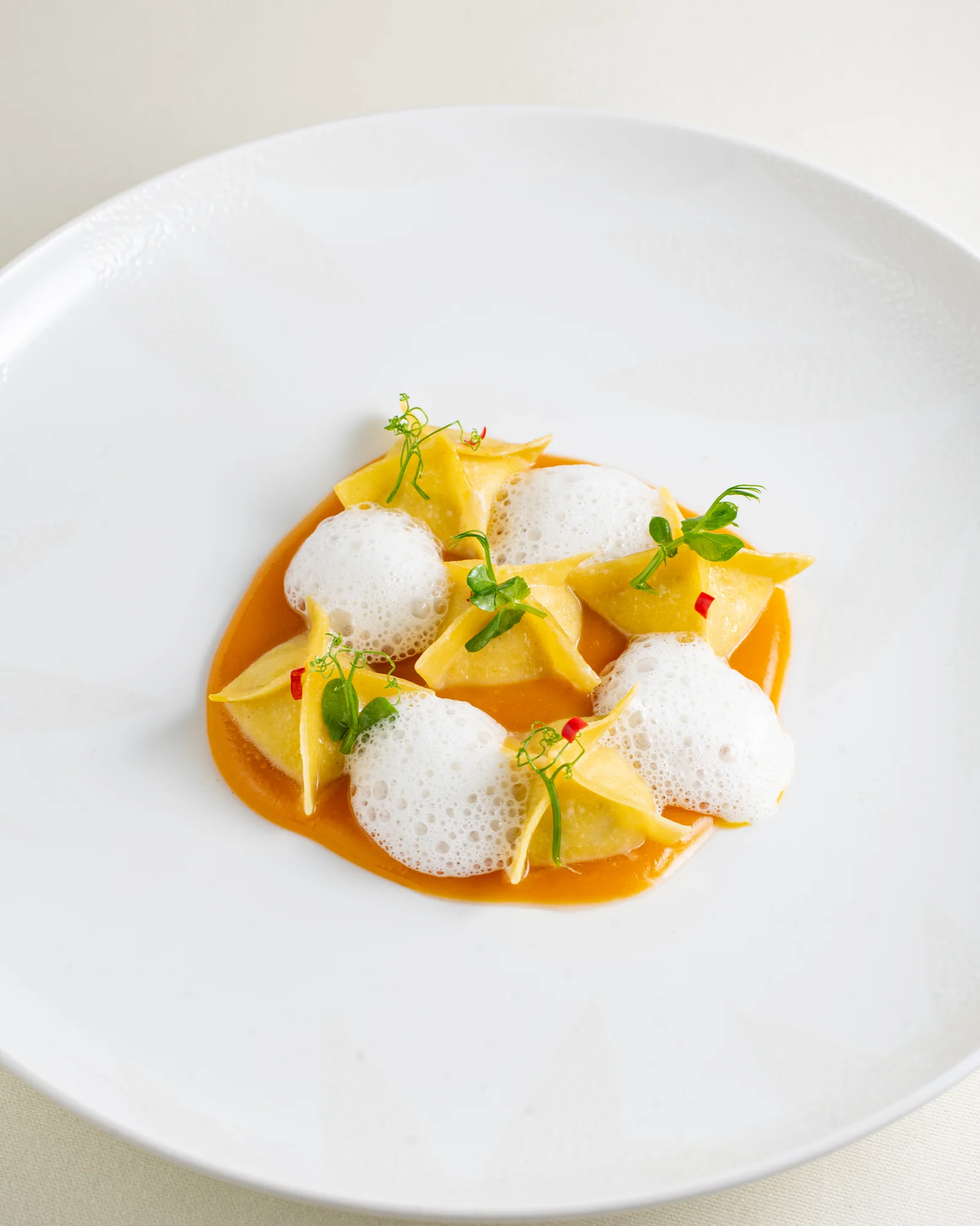 Golden pasta with white accents on a porcelain plate