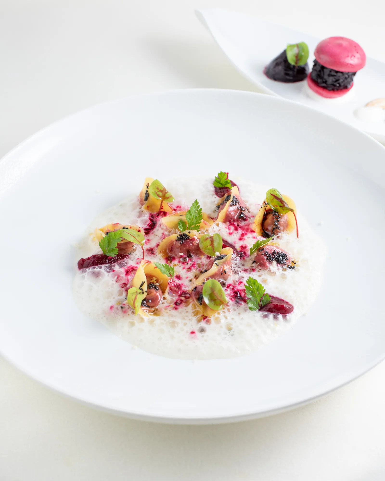 Pasta with pink accents and a small accompaniment